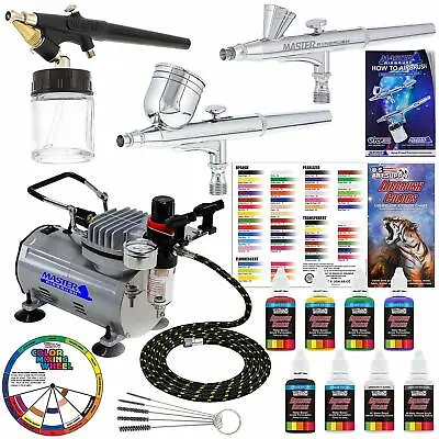 3 Airbrush Professional 3 System With Compressor And 6 Color Primary Paint • $189.99