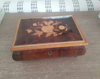 Vintage Wooden Jewelry Music Box Floral Inlay Made In Italy Working 7x5  • $28