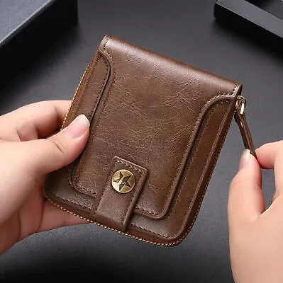Mens Wallet Genuine Leather Credit Card Holder RFID Blocking Zipper Slim Coin • £7.99