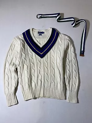 Vintage Polo Ralph Lauren Tennis Cricket Sweater Cable Knit Mens M Ivory Wool • $89