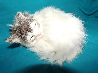 Vintage Real Rabbit Fur Sleeping Cat Figurine White & Gray • $15