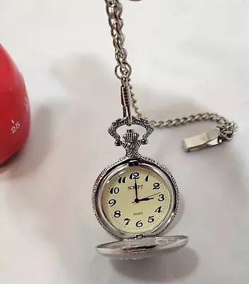 Script Silver Tone Yacht Boat Ship Analog Pocket Watch Locket Chained • $8.90