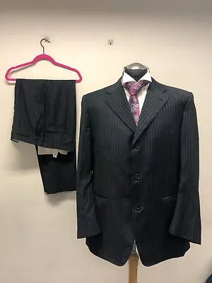 Canali 2pc Suit Pure New Wool In Navy Stripe 46r Trs W38 L33 Excellent Condition • £149.95