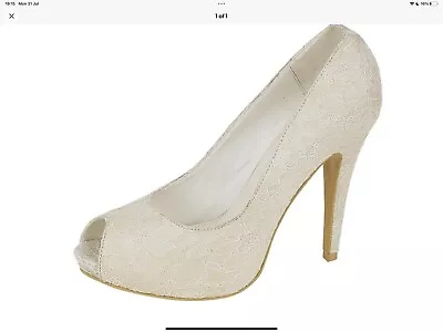 Womens Ivory Lace High Heel Mary Peep Toe  wedding Court Shoes Pumps Size 3 • £3.50