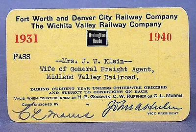 1931 FORT WORTH & DENVER CITY RAILWAY WICHITA VALLEY Railroad Train PASS • $34.99