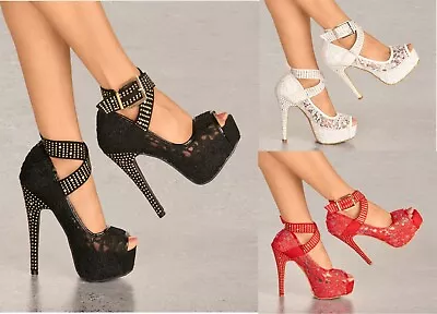 £26.99 • Buy Ladies Lace Platform Killer High Heels Diamante Stud Ankle Strap Party Shoes 3-8
