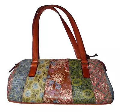 Vintage 90s FOSSIL Tote Dr Bag Patchwork Floral Print Leather Handbag Satchel • $40