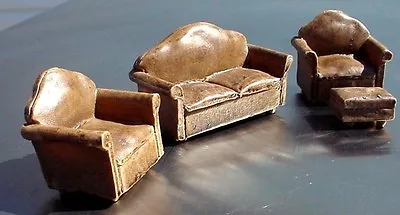 Brown Leather Miniature Couch Set (4 Pc) - Couch 2 Chairs Ottoman 1/24 Scale G • $25.95