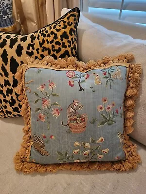 Blue Silk Tapestry Pillow With Gold Tassel Fringe Velvet Back Monkey • $50