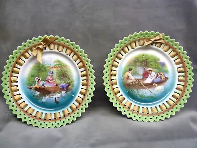 Lovely Pair Art Nouveau Ribbon Wall Plates Boating Scenes Antique Metal Ribbons • £8