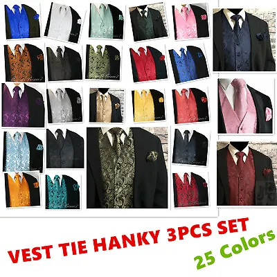 3PCS Set Men Paisley Dress Vest Waistcoat & Necktie And Hanky For Suit Or Tuxedo • $25.33