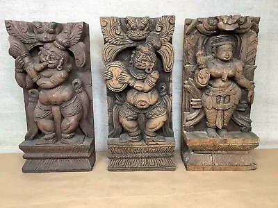 Vintage Wood Hindu Sculpture Panels Hand Carved Shiva Deity Religious Moteif • $288