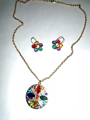 Vtg. Shimmer Red/blue/green/yellow Rhinestone Pendant Necklace/earrings Set • $3.99