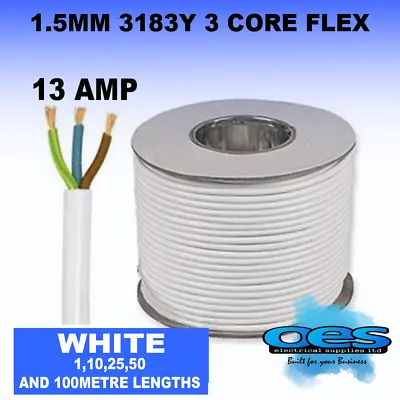 13amp Flexible Cable 3183y White 1.5mm 3 Core Round Flex Electrical All Lengths • £14.95