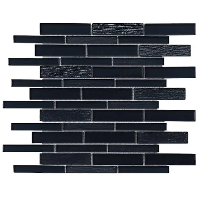 Black Cold Spray Crystal Glass Textured Blended Linear Mosaic Tile Backsplash • $287.50