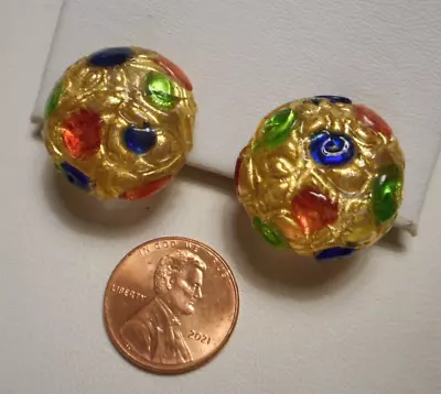 Vintage Italian Murano Glass Golden Flecked Confetti Dome Button Clip Earrings • $24.99