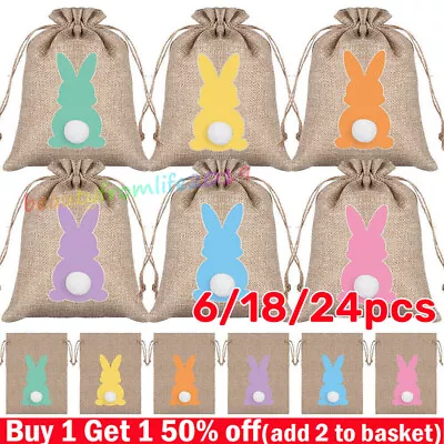 6-24Pcs Easter Bunny Burlap Gift Bags With Drawstring Rabbit Kids Candy Gift Bag • £3.16