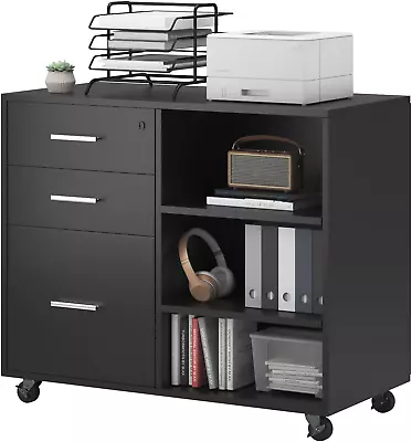 3 Drawer Mobile File Cabinet Wood Lateral Filing Cabinet With Lock Printer Sta • $100.10