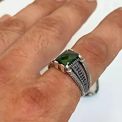 Mens Handmade Ring Turkish Silver Ring Men Emerald Ring 925k Silver 5-15 • £41.50