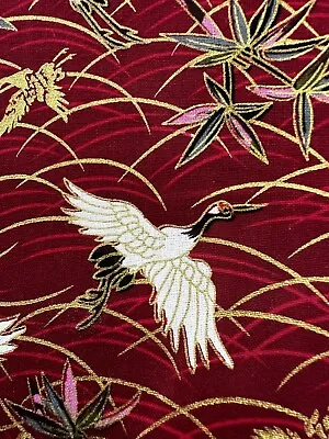 Japanese Cranes Fabric Art Deco Heron Stork Birds Gold Burgundy Oriental 1 Meter • £11.99