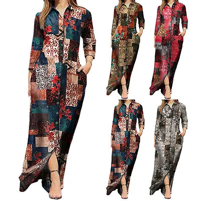 Maxi Dress Turn-Down Collar Pockets Vintage Floral Print Shirt Ladies Clothing  • $38.44
