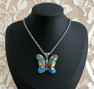 MultiColor Murano Style Puffy Glass Butterfly Necklace Stainless Steel 24  Chain • $9.95