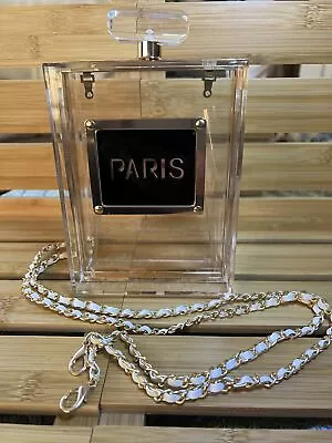 NWT “PARIS” PERFUME-SHAPED ACRYLIC CLUTCH PURSE EVENING BAG Gold Trim W/ Chain • $75.87