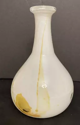 Hand Blown Art Glass Vase White Yellow Signed Rimmed Bulbous Beaker Abstract • $24.99