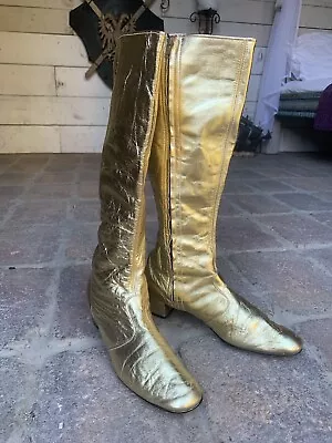 $1250 • Buy 1960s Gold Leather Size 7 1/2 Knee High Vintage 60s Mod Retro Go-Go Boots Shoes