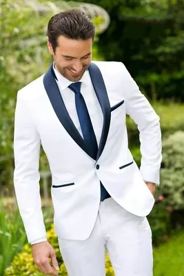 Men White Suit Blue Shawl Lapel Groom Tuxedos Formal Wedding Dinner Suit Custom • $80.95