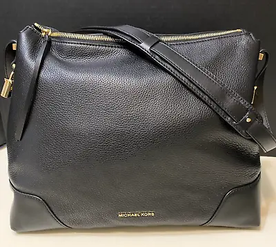 MICHAEL KORS Crosby LARGE Zip Shoulder Bag BLACK Leather Gold Lock 30H8GCBL3L • $179