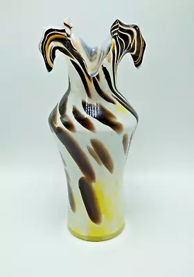 Ruffled Top Spiral Glass Vase - Hand Blown - Brown/Yellow/White 8.75 Inches • $34.95