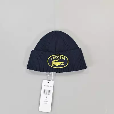 Lacoste Kids Boys Beanie Navy Blue Cotton Knitted Big Logo RB1841 • £18.99