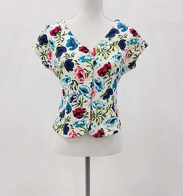 MEXX Vintage 80s Women Floral White Blue Red Green Jersey Knit Top Size 8 10 S • $14.35