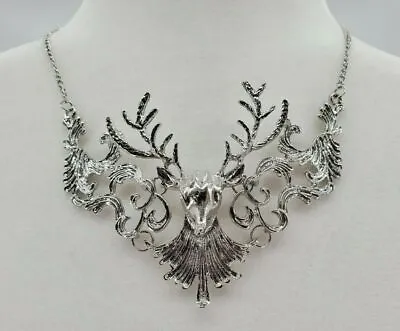 Deer Filigree Necklace Silver Tone Stag Antler Victorian Gothic Elk Bib Animal • $9.43