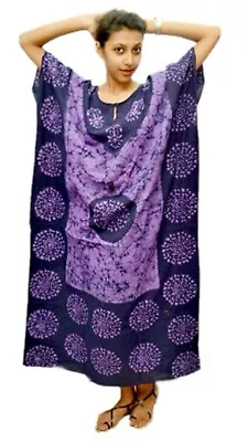 Women's Cotton Batik Caftan Purple Assorted Print Long Maxi Kaftan Day Dress • $18.99