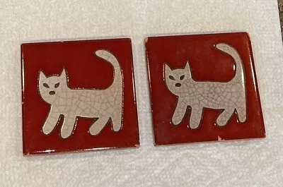 2 Vintage ARIUS Santa Fe Art Tile Cat 4” Coaster Red W/Crackle Glaze Italy READ! • $24.99