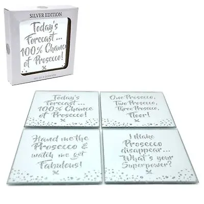 Glass Mirrored Coasters Silver Glitter Prosecco Tea Coffee Dining Table Mat Set • £8.95