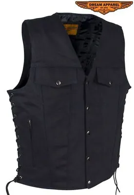 Men's Black Denim Vest Motorcycle Concealed V-Neck Side Laces Waistcoat • $71.09