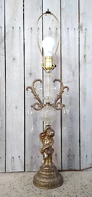 $79.99 • Buy Vintage Mid Century Hollywood Regency Gold Floral Glass Cherub Table Lamp Prisms