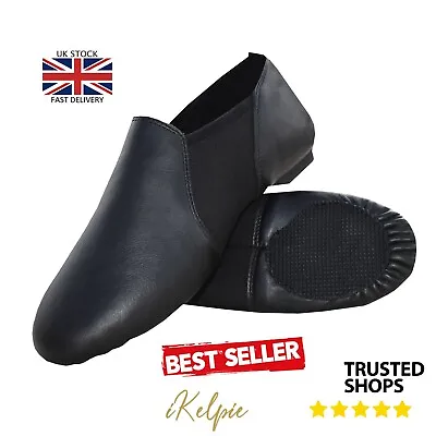 IKelpie® SLIP ON JAZZ DANCE SHOES Black Leather Neoprene Leotard Split Sole Pump • £11.79