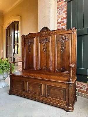TALL Antique French Louis XV Hall Bench Settle Pew Carved Oak Chest Foyer Entry • $3650