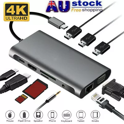 $48.99 • Buy 10 In 1 Type C Hub Laptop Docking Station HDMI VGA RJ45 PD Multi-USB Adapter AU