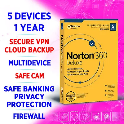 £9.99 • Buy Norton 360 Deluxe 2023 Multidevice 5 Devices 1 Year VPN Backup SafeCam (EU Only)