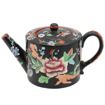 Rare Miniature Antique English Davenport Earthenware Floral Black Teapot C. 1820 • £670.77