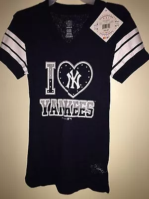 I LOVE YANKEES Baseball Boy's V-Neck Short Sleeve T Shirt Navy/White L(10/12)NWT • $6.75