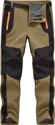 Men's Fleece Lined Softshell Pants Hiking Outdoor Skiing With Belt-Khaki • $25.99