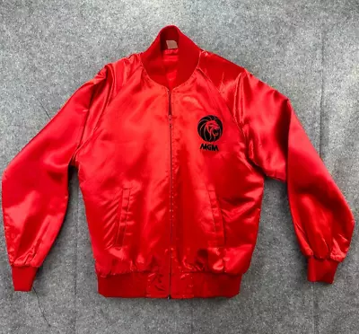 Vintage MGM Satin Jacket Red With Black Embroidered Logo Zip Front Medium • $68.03