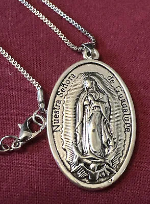 Virgen De Guadalupe Silver  Pendant With 24 Inch Silver Chain . Double Sided • $11.25