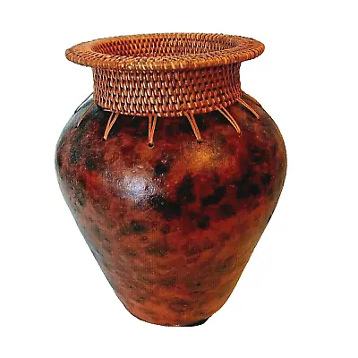 Brown Handmade Terracotta Pottery Vase Woven Rattan Indonesian Rustic VTG 8  • $20.95